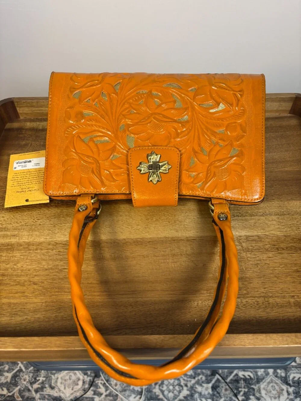 Patricia Nash Rosina Floral Cutouts Sun Yellow Leather Satchel New
